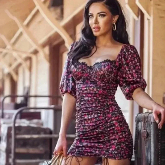For Love & Lemons Melrose Romantic Ruched Floral Sexy Mini Dress Size Small - Picture 6 of 16